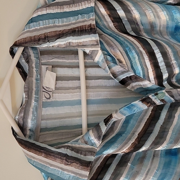 VTG DRESSBARN 1990s blue silver satin metallic striped ribbon button down shirt - Picture 4 of 7